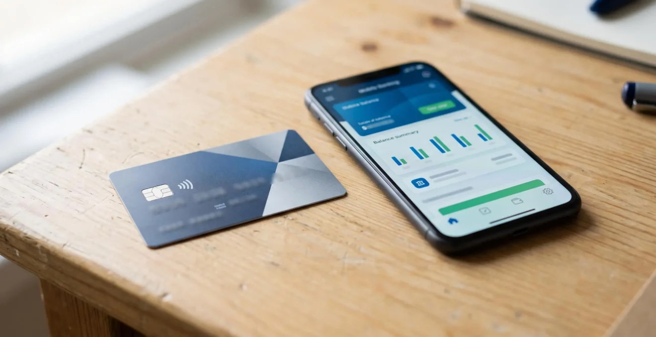 Carte bancaire et smartphone affichant une interface d'application bancaire disposés sur un bureau