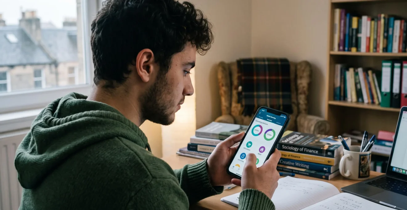 Étudiant consultant les catégories de budget et l'analyse de ses dépenses sur son application bancaire mobile