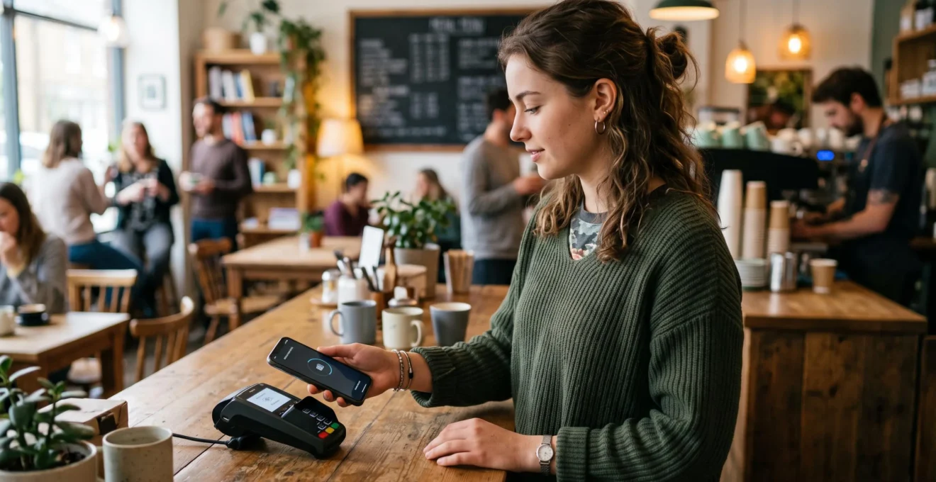 Étudiant effectuant un paiement mobile sans contact avec son smartphone dans un café